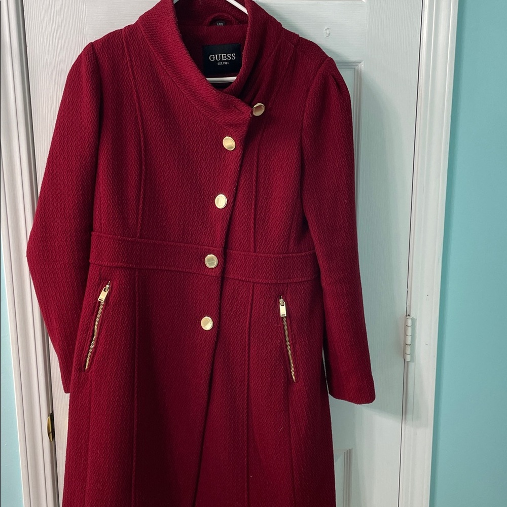 Guess Burgundy Coat with Gold Buttons and zipper